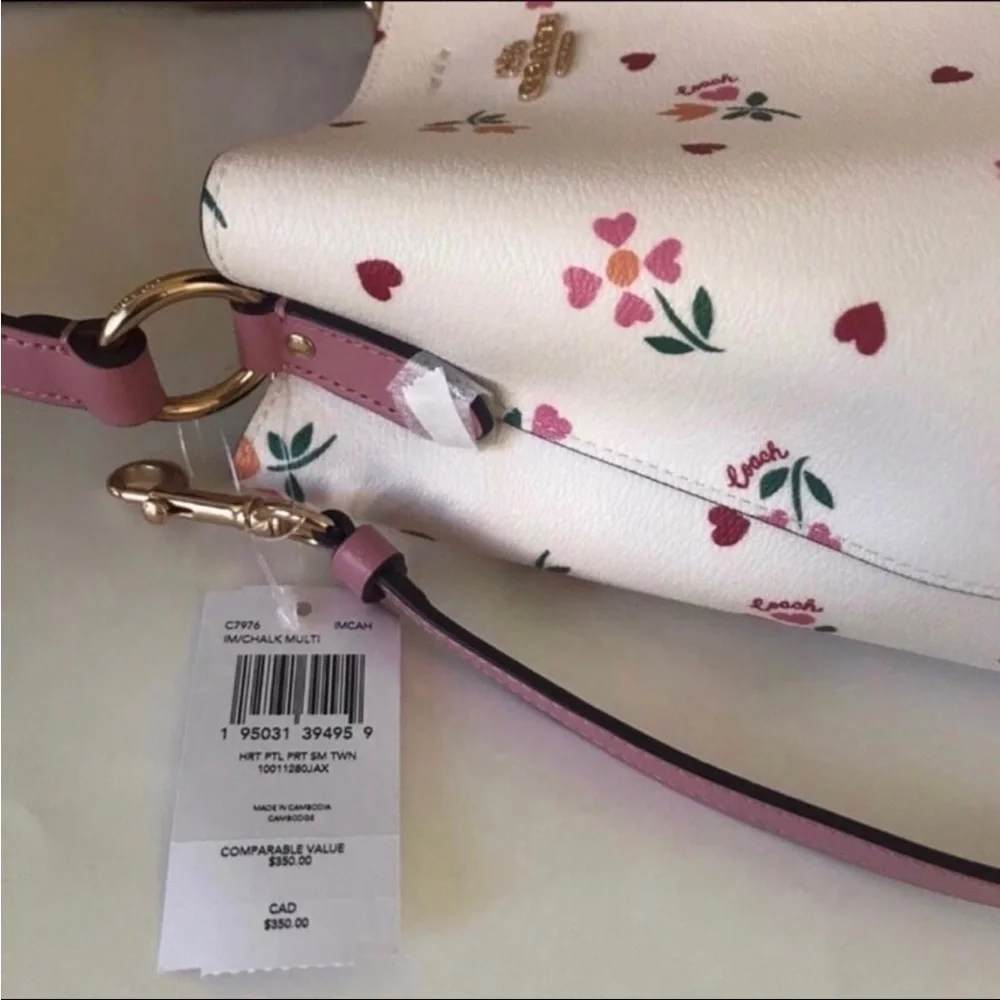 Coach Small Town Bucket Pink Leather Signature Canvas Heart Petal Print Chalk